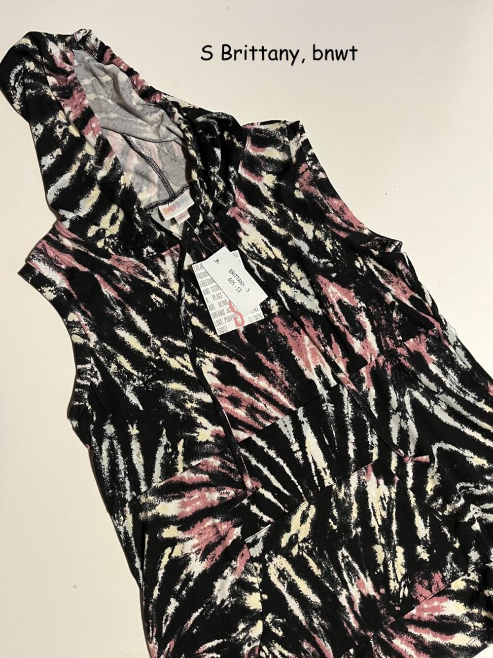 Small Lularoe Brittany sleeveless hoodie, black, white, pink, yellow tie-dye